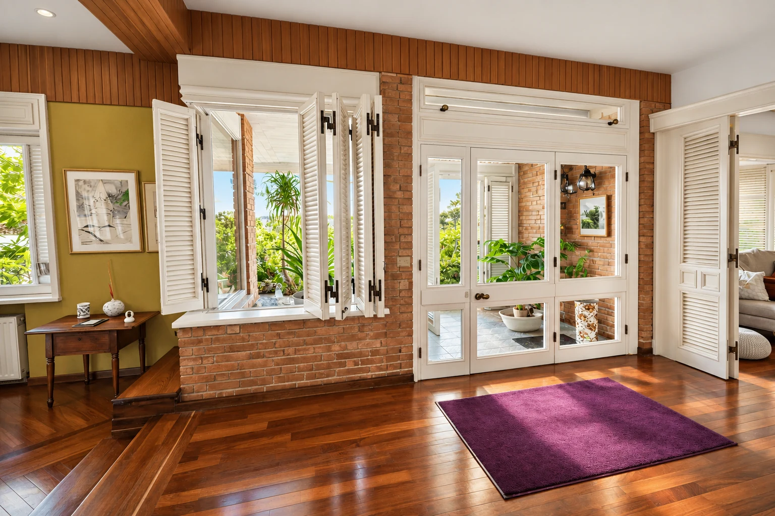 Entrance with glass doors and exposed brick wall