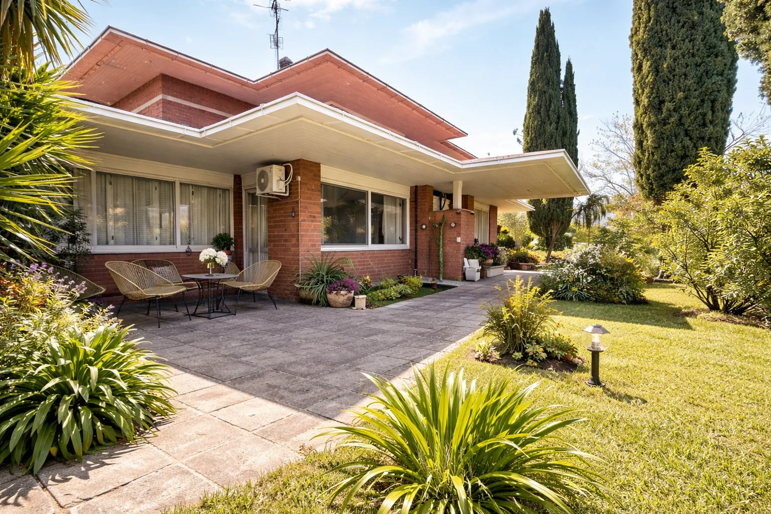 Exterior view with patio and garden
