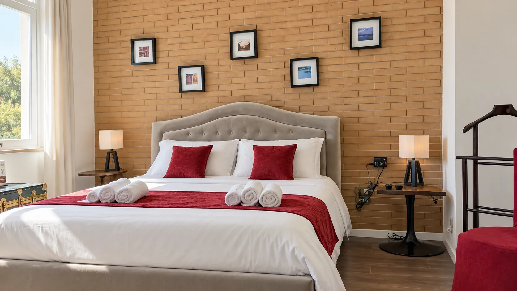 Main Bedroom with brick wall and upholstered headboard