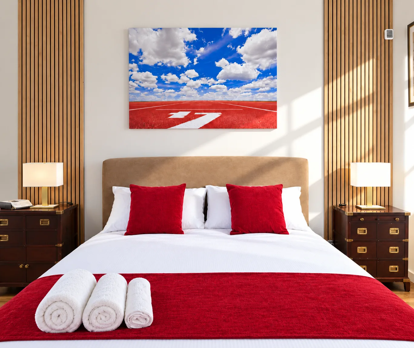 Sky Bedroom with wooden headboard and running track artwork