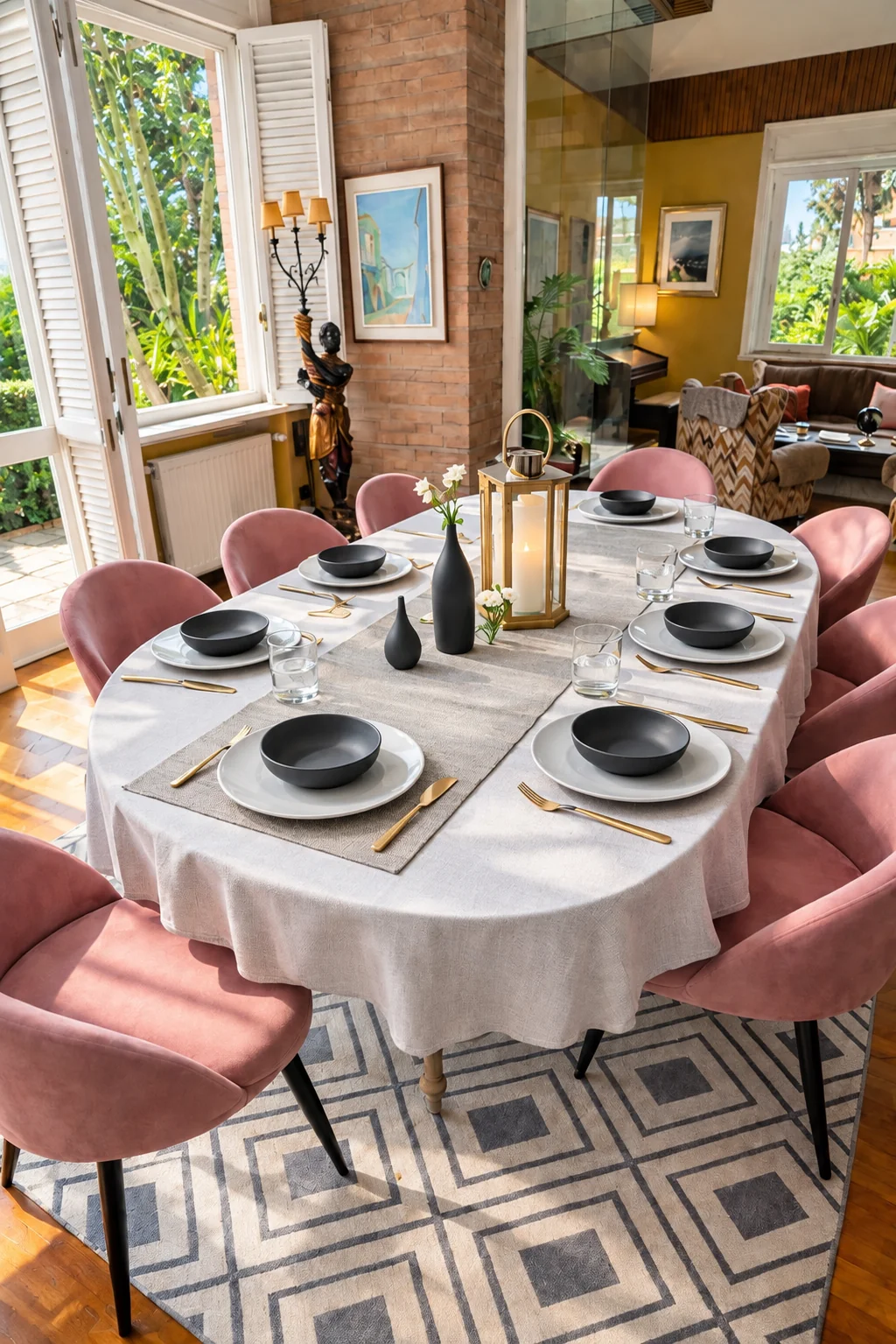 Dining table set with a view of the garden