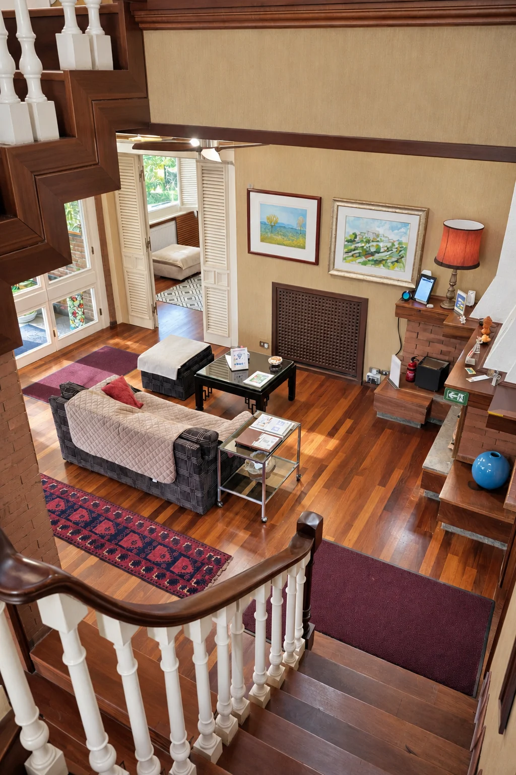 View of the living room from the top of the staircase